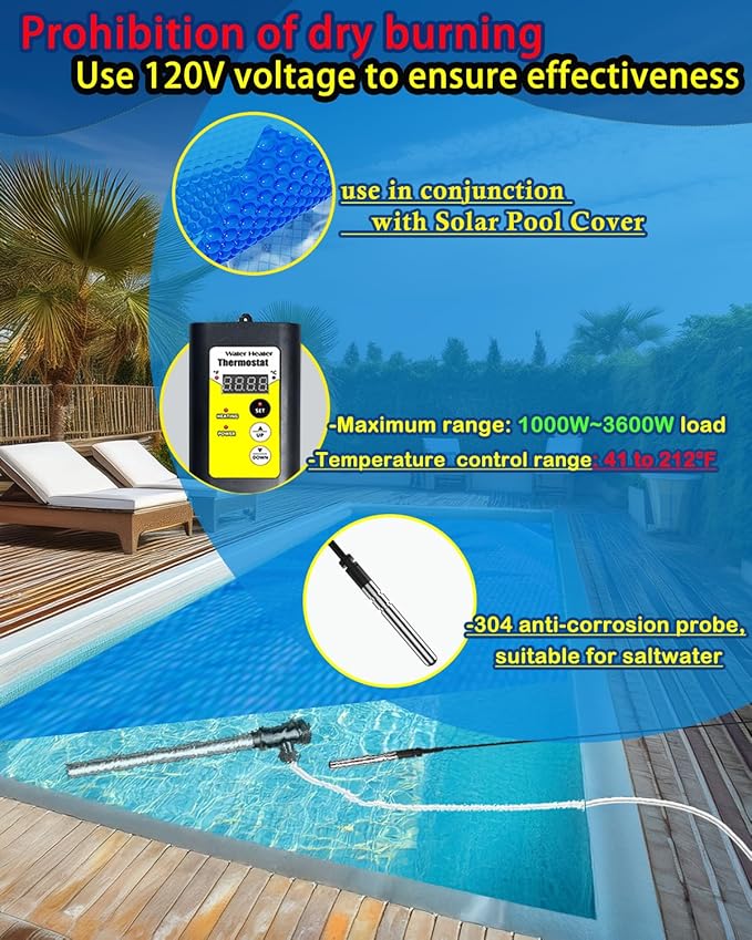 1800W Pool Heater - Bathtub Water Heater for Hot Tub - Submersible Baptistry Heaters for Baptismal Stock Tank Pool, Portable Immersion Water Heaters for Inflatable Pool Heaters for Above Ground Pool