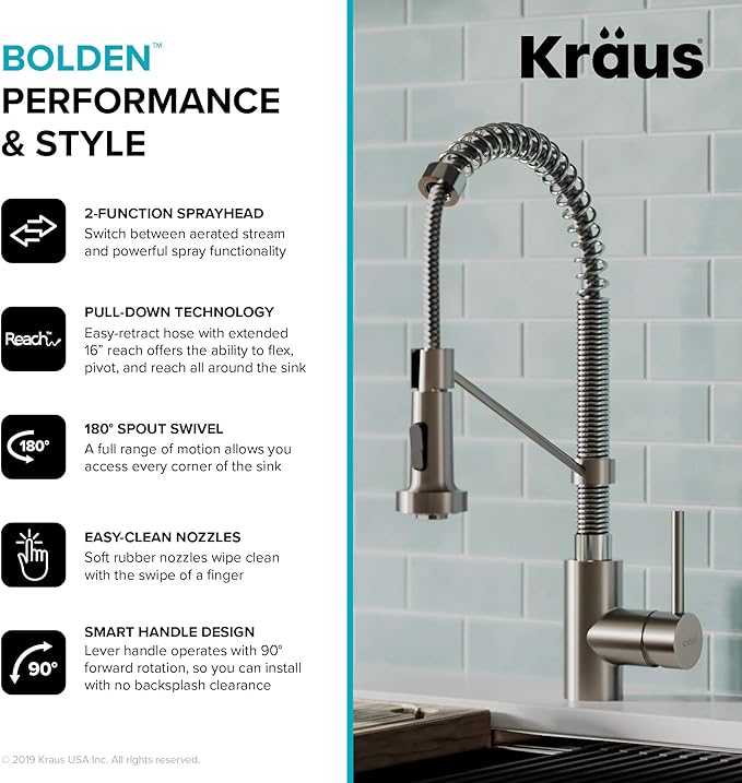 KRAUS Bolden 2-Function Single Handle Pull Down Kitchen Faucet, Commercial Style Stainless Steel/Chrome, KPF-1610SSCH