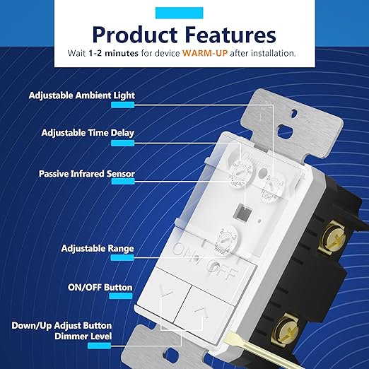 LIDER Motion Sensor Dimmer Switch for Dimmable 200W LED/CFL Lights, 3-Way, 120 V, Modern Upgrade, No Neutral Required, No Ground Required, UL Listed, Wall Plate Included, White