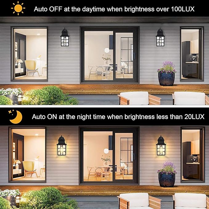 WIHTU 2-Pack Dusk to Dawn Outdoor Wall Lights, Sensor Exterior Light Fixtures, Porch Lights, Black Waterproof Wall Sconces, Outside Lighting for Garage, Front Door