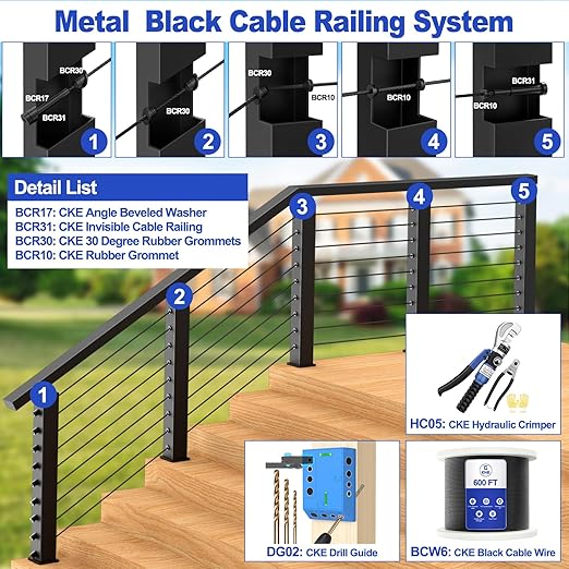 CKE 20 Pack Black Invisible Cable Railing Kits, 3/16" Black Stainless Steel Invisible Receiver and Swage Tensioner Stud End for 2x2 4x4 Wood Metal Post Deck Stairs, Cable Railing Hardware, BCR31