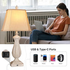 3-Way Dimmable Table Lamps for Bedrooms Set of 2, Light Wood Mermaid Bedside Lamp for Nightstand, 30" H Touch Lamps for Living Room with USB & Type-C Ports, Resin Farmhouse Rustic Lamp with 2 Bulb