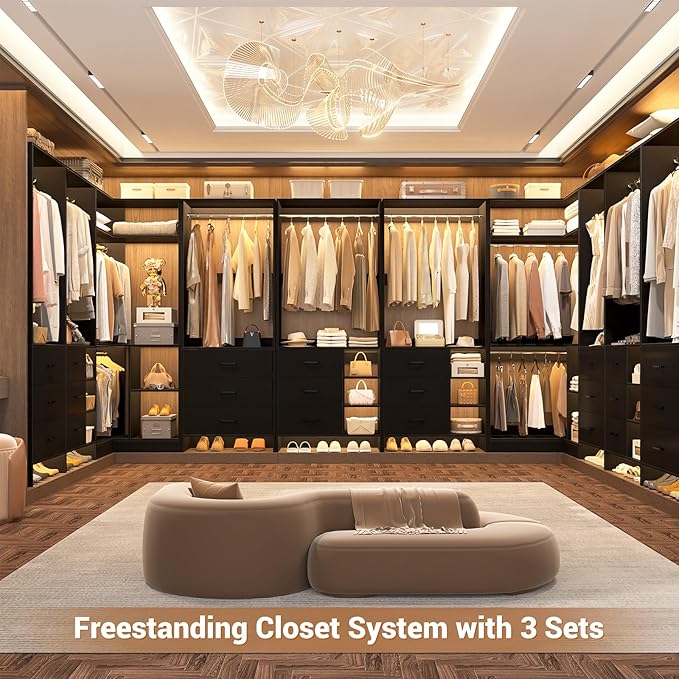 Aheaplus Closet System with 6 Drawers, 4 Hanging Rods & Corner Tower, Corner Closet System with Hanging, 86.8" L-Shaped Walk-In Wardrobe Organizer, 2000+ lbs Capacity, Set of 3, Black