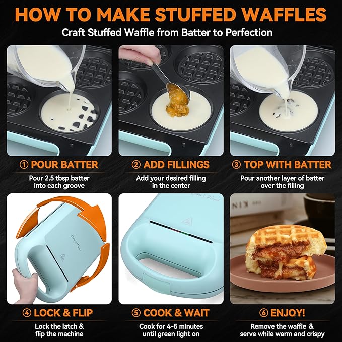 Baker's Friend Multi Stuffed Waffle Maker Thick, 4-Slice with 1.2'' Thick & 4'' Dia, Belgian Mini Waffle Maker Flip, Nonstick Breakfast Sandwich Maker, Stuffed Waffle Iron, Aqua