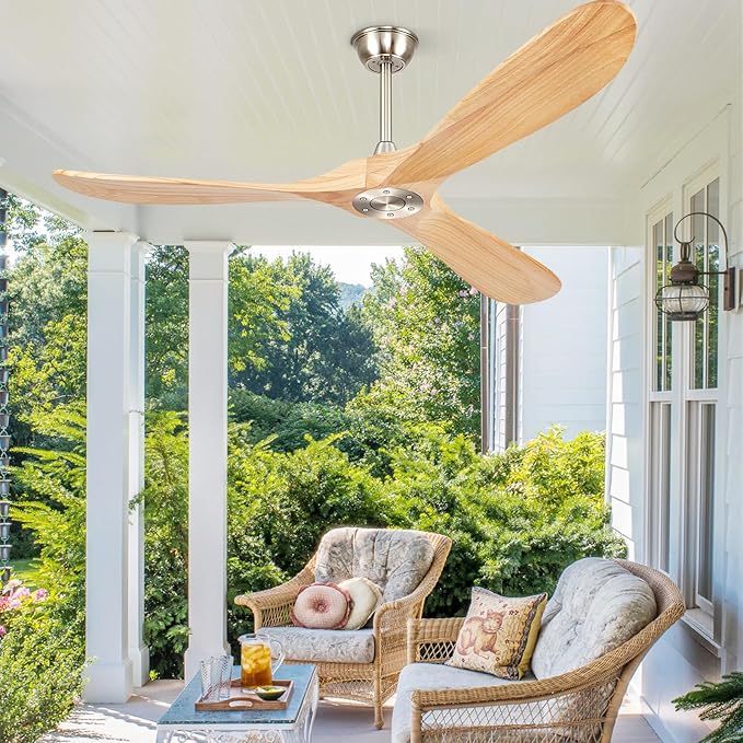 52" Ceiling Fans Without Lights, Solid Wood Ceiling Fan with Remote Control No Light, Modern Ceiling Fan with 3 Blades, Indoor Outdoor Ceiling Fans for Patios, Gazebo(Nature Wood)
