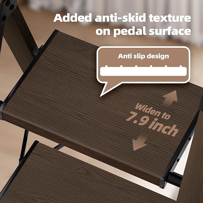 HillhutApex 5 Step Foldable Aluminum Step Ladder with Handgrip, Anti-Slip Pedal, 330lbs Capacity, Lightweight & Portable for Home, Kitchen, Office, Garage (Walnut)