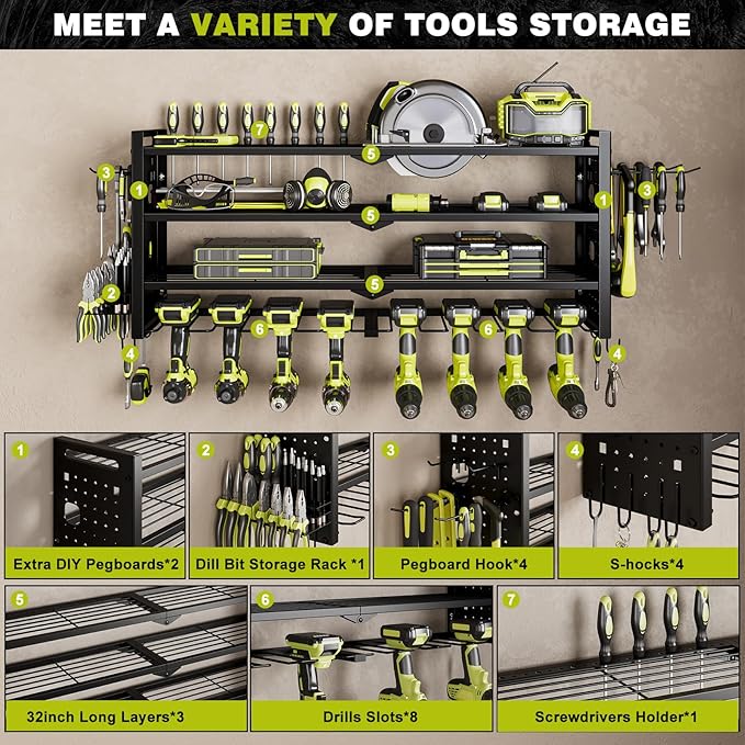 Power Tool Organizer Wall Mount,Cordless Drill Organizer,4 Layers Large Capacity Tool Rack with 8 Drill Holders (BLACK)