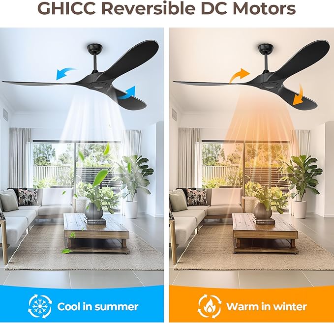 60 Inch Ceiling Fan Without Lights, Black | Outdoor Ceiling Fan with Remote, 6-Speed Adjustable Reversible DC Motor for Patio & Living Room