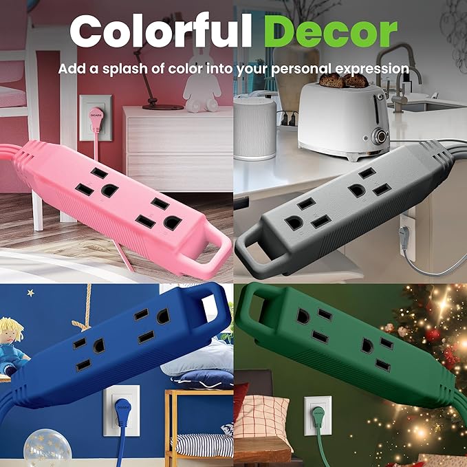 GEARit 360 Rotating Flat Plug Short Extension Cord with 3 Outlets (2ft, Pink) 16AWG/13A 3 Prong Wire, Outlet Saver for Home Office Dorm Room Essentials, ETL Certified