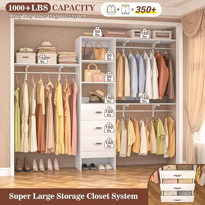 Armocity 96 Inches Closet System, 8FT Walk In Closet Organizer with 3 Shelving Towers, Heavy Duty Clothes Rack with 3 Drawers, Built-In Garment Rack, 96" L x 16" W x 75" H, Max Load 1000 LBS, White