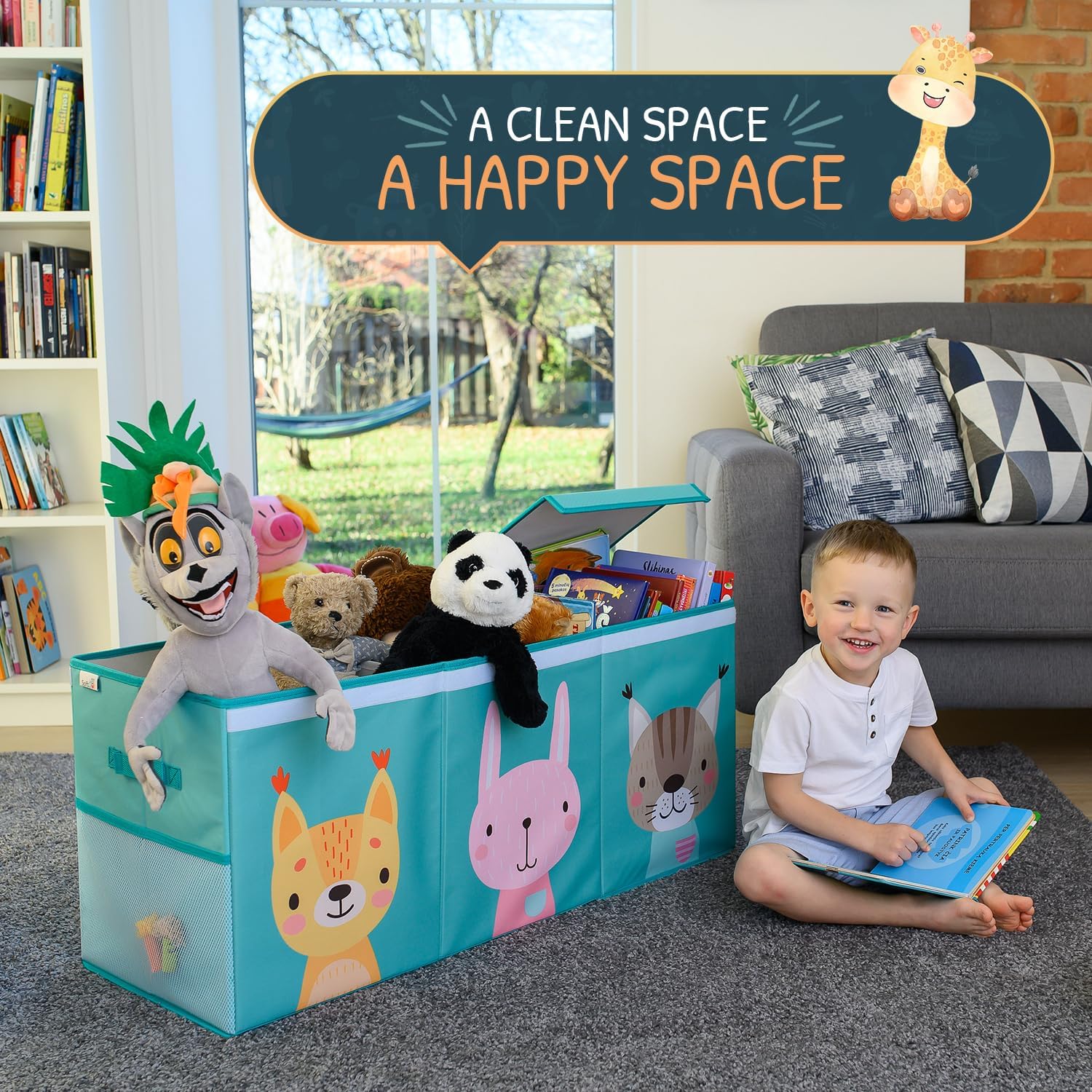 Extra Large Toy Storage Organizer with Lid - Sturdy, Collapsible Toy Chest Storage Box with Cute Design - Toys Bin with Dividers for Kids, Boys, Girls, Nursery, Bedroom, Play room 37"x16"x14"