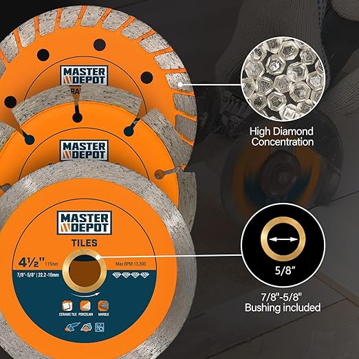 4-1/2" Diamond Blade Set for Concrete, Masonry and Tile Cutting, with Continuous/Segmented/Turbo Rims, for Dry & Wet Cutting with Angle Grinder & Circular Saw, 3 PCS