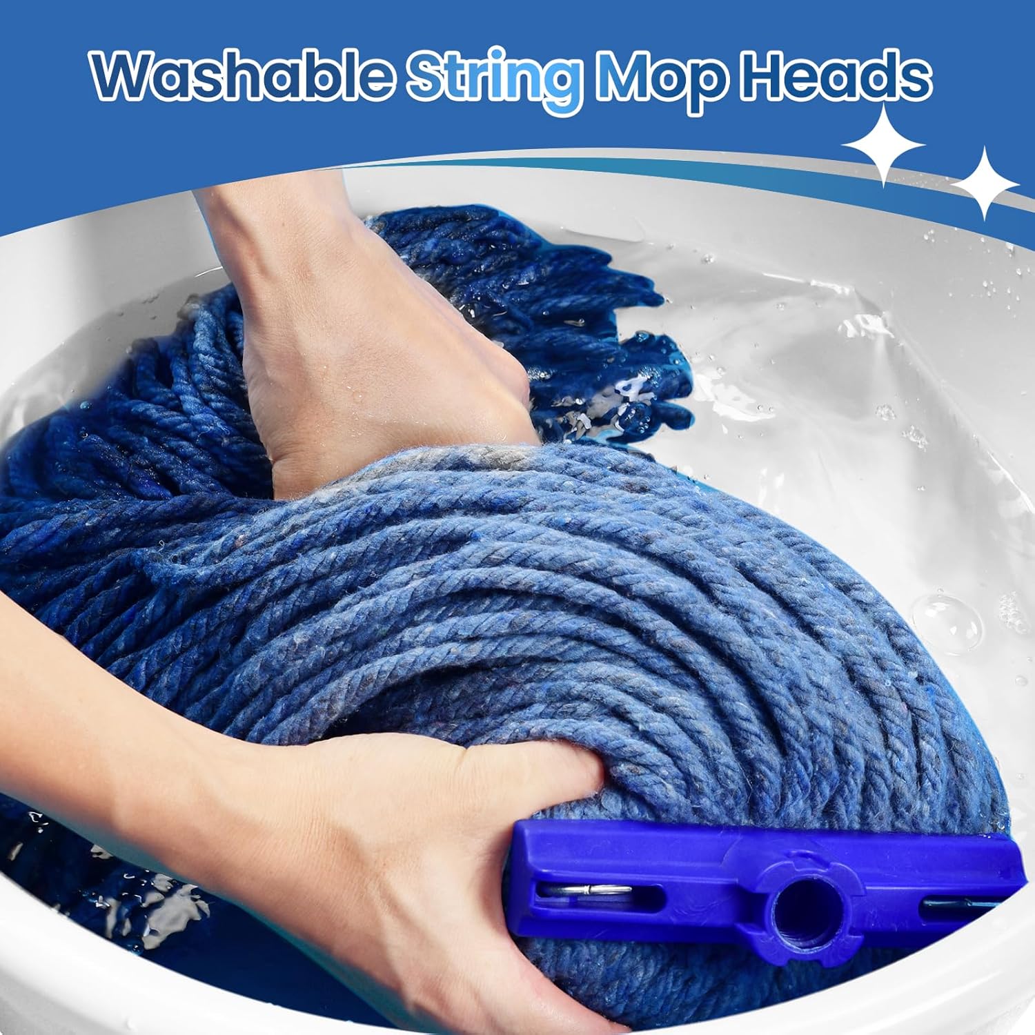 Matthew Cleaning Screw-on Heavy Duty Cotton Wet Mop Replacement Heads(Blue, Large,6 Pack) with 2 Pack Microfiber Cloth for Residential & Commercial Floor Cleaning Use- Fit Standard American Screw