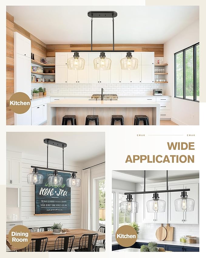 Emak Black Dining Room Light Fixture, Modern 32 Inch Linear Chandelier Lamp with Seeded Glass Shade, Farmhouse 3-Light Kitchen Island Lighting for Kitchen, Dining Room, Bar, IL122-BK-SG-3