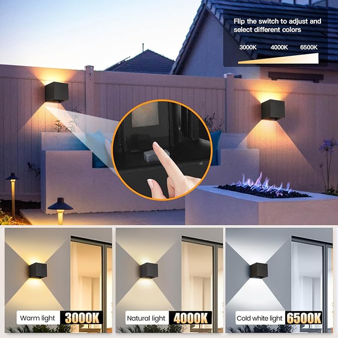 4 Pack LED Outdoor Wall Lights Exterior/Interior 3 Colors Adjustable 15W Wall Light Fixture IP65 Waterproof Porch Exterior Wall Sconce Modern Outdoor Lighting Square Aluminum Black Up and Down Lights
