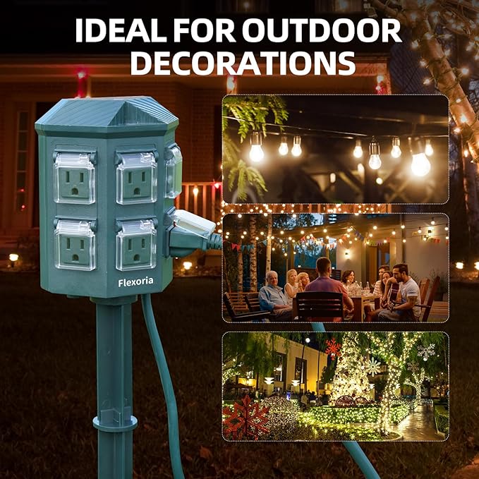 Flexora Outdoor Power Strip with 24-Hour Mechanical Timer, 50 FT Extension Cord Waterproof, 6 Grounded Outlets for Outdoor Christmas Decorations, ETL Listed