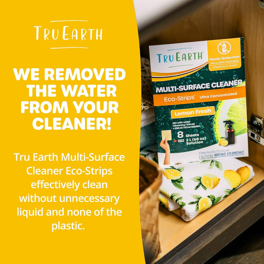 Tru Earth Multi-Surface Cleaner Eco-Strips | All Purpose Cleaner Concentrate for Multi-Use, Fresh Lemon Scent, 8 Strips