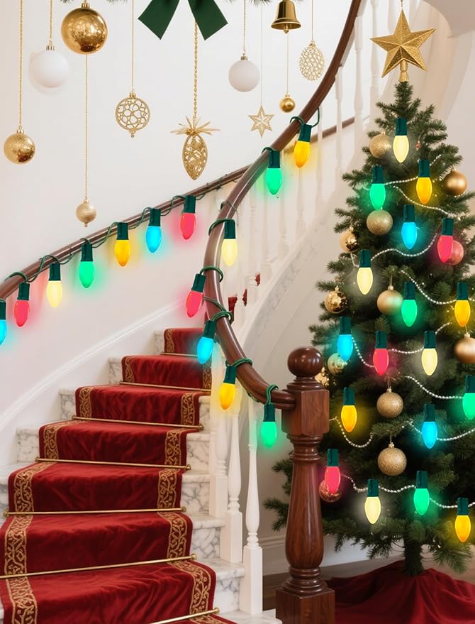 25 Pack C9 Multicolor Christmas Light Bulbs, C9 Incandescent Replacement Bulbs for Christmas String Light, Candle Lamps, E17 Intermediate Base, 7Watt