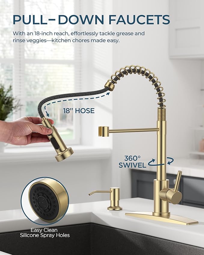 FORIOUS Kitchen Faucet with Soap Dispenser, Gold Stainless Steel Single Handle Modern Spring Commercial Sink Faucet with Pull Down Sprayer for Laundry & Utility Room RV Camp Bar Farmhouse