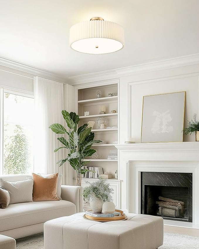 Gold Semi Flush Mount Ceiling Lights, 4-Light 18" Ceiling Light Fixture with White Pleated Fabric Shade, Drum Lamp for Nursery Hallway Bedroom Kitchen, AD-25036-4SF-GD