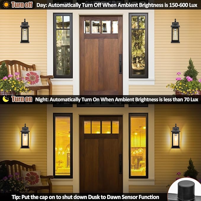 2-Pack Dusk to Dawn Large Outdoor Wall Lights 17 Inch, Exterior Light Fixtures Porch Lights Tempered Clear Glass, IP65 Waterproof Anti-Rust Outside Wall Sconces Matte Black Wall Lanterns