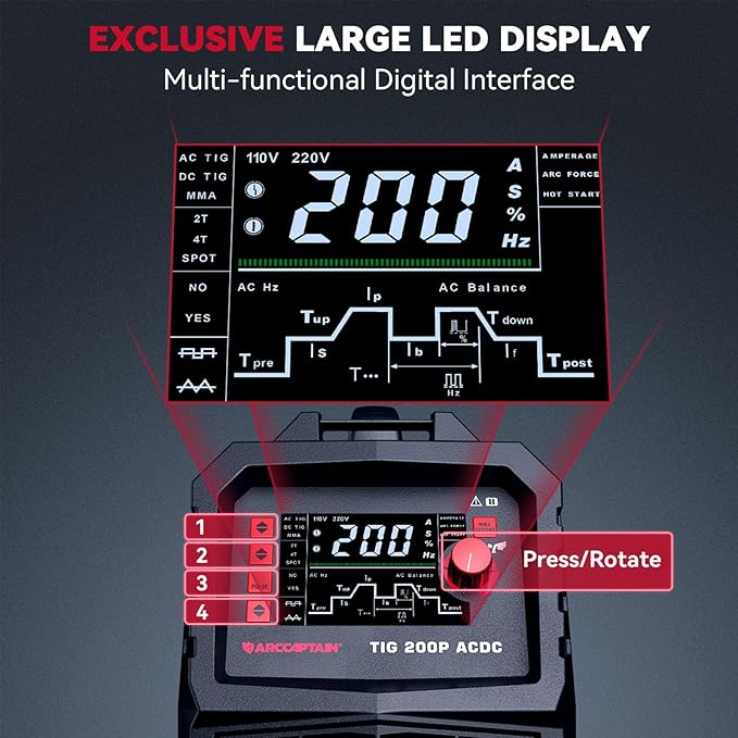 ARCCAPTAIN TIG Welder AC/DC 200Amp with Pulse, Aluminum TIG Welder 110V/220V TIG Welder with Square/Triangular Wave/Stick/MMA/Spot 7 in 1 MultiProcess Welding Machine