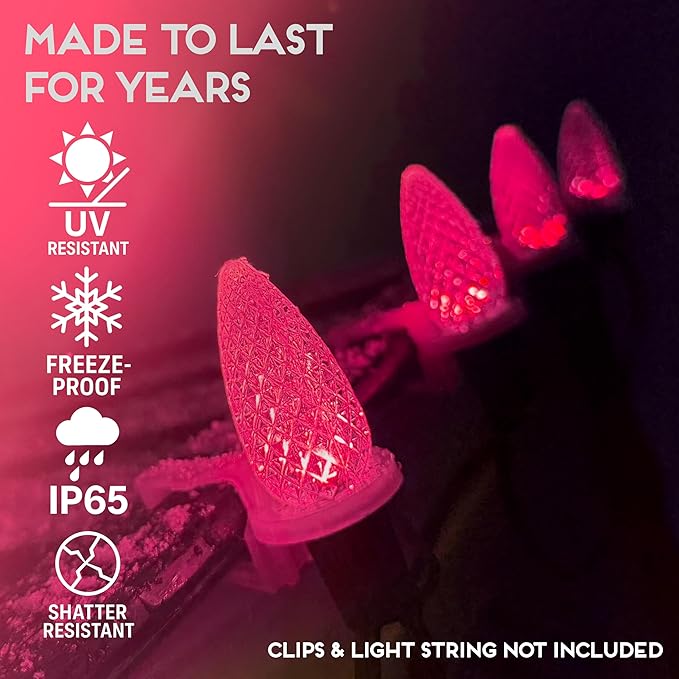 HLO Lighting Set of 25 Pink C9 Faceted LED Christmas Light Bulbs for Indoor & Outdoor Use | Durable Replacement Bulbs