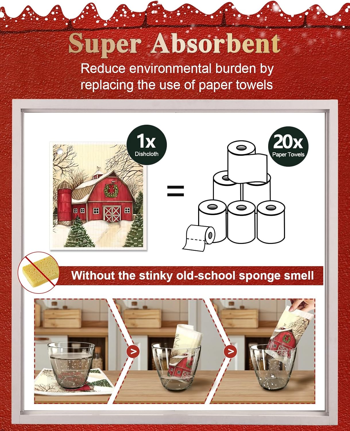 6 Pack Christmas Swedish Dishcloths for Kitchen - Reusable Dish Cloths for Washing Dishes Absorbent Cute Holiday Kitchen Towels Cleaning Sponge, Xmas Theme