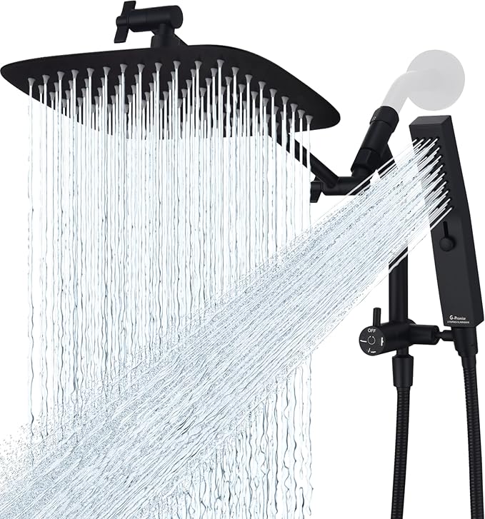 G-Promise All Metal 10 Inch Shower Head with Massage Mode Handheld, Rain Shower Head with Handheld Spray Combo, 3-Way Diverter with Pause Setting, 11 Inch Adjustable Extension Arm (Matte Black)