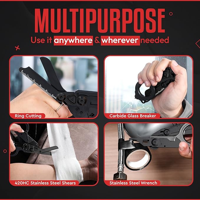 Heavy Duty 6 in 1 Multipurpose Emergency Trauma Shears Scissors with Holster, Outdoor Camping Rescue Tools with Glass Breaker, Strap Cutter Stainless Steel Foldable Scissors Pliers