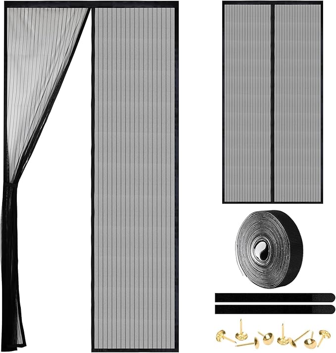 Magnetic Screen Door - Self Sealing, Heavy Duty, Hands Free Mesh Partition Keeps Bugs Out Let Breeze in- Pet and Kid Friendly - Keep Open Feature (Black, Fit Door Size 32 x 78 Inch)