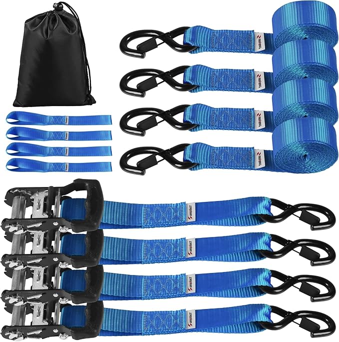 Ratchat Straps Heavy Duty with S Hooks Safety Latches 4 Pack 4400lb1.5 by 10' Tie Down Cargo Straps Ratcheting for Motorcycles,ATVs,Jet Skis,Golf Carts,Lumber,Sport Equipment,Boat,UTV,Roof Rack Blue