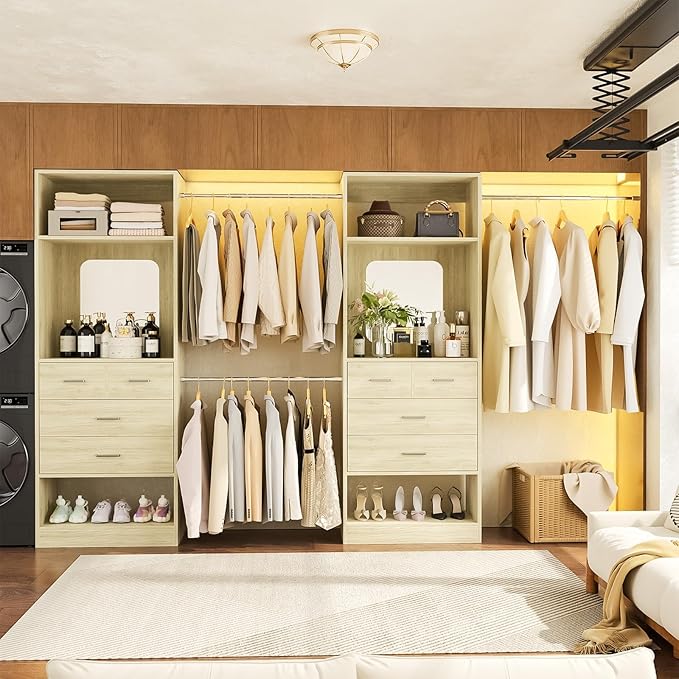 Unikito Closet System, 6-14FT Walk in Closet Organizer with 8 Drawers and Mirror, 168" Wood Closets Insert with Tower, Sturdy Wardrobe Closets Garment Rack with Extendable Hanging Rods, White Oak