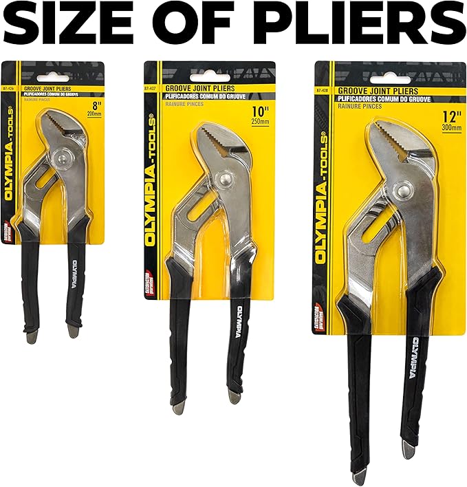 Olympia Tools Tongue and Groove Pliers, Straight Jaw Pliers with Cushion grip, 5 Jaw positions, 1.7" Jaw Capacity, Water pump plier (8-Inch)