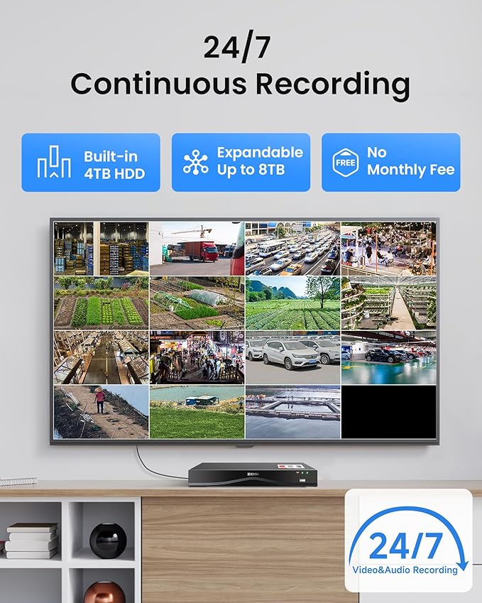 ZOSI 16CH 4K PoE Security Camera System,8pcs 8MP Outdoor Indoor Cameras,Person Vehicle Detection,People Counting,One-Way Audio,100ft Night Vision,16Port 32-Channel NVR with 4TB HDD for 24/7 Recording