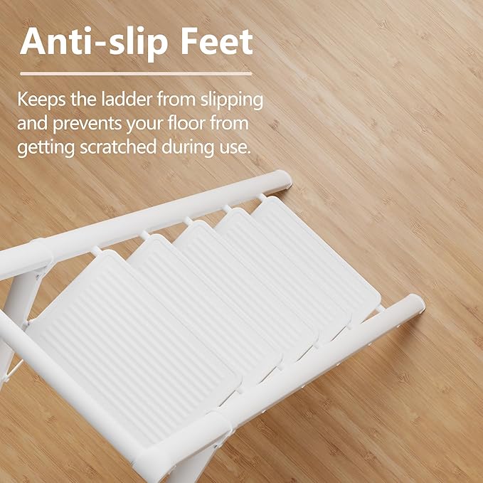 GameGem 5 Step Ladder for 10 Feet High Ceiling, Folding Step Stool Stepladders with Anti-Slip and Wide Pedal for Home and Kitchen Use Space Saving (White)