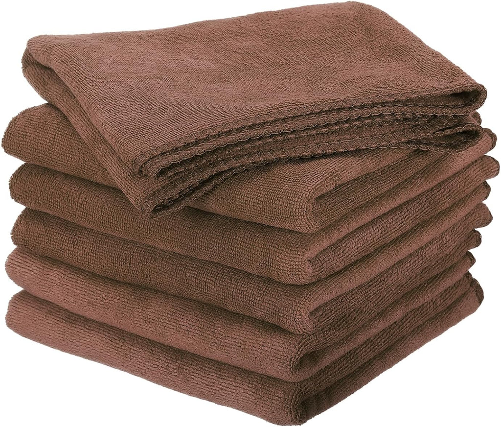 HARFINGTON 6 Pack Microfiber Cleaning Cloth, 30" x 14" Multi-Functional Cleaning Towels Reusable Absorbent Rags for Car Wash Kitchen Household Window Clean, Brown