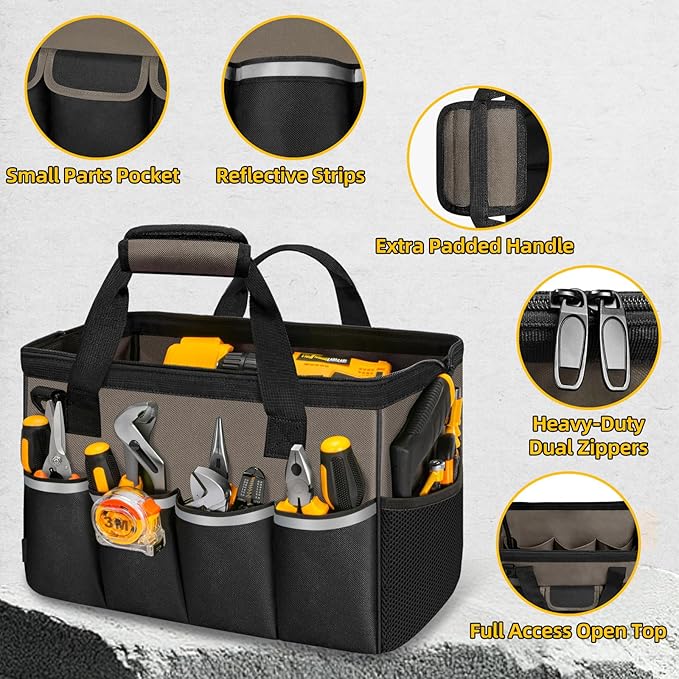 Tool Bag, Portable Tool Box Organizer Adjustable Shoulder Strap, Carry Tool Tote Heavy Duty Tool Storage Bag With Wide Mouth,Tool Bags for Men Mechanic EngineerGift - L, Coffee & Black