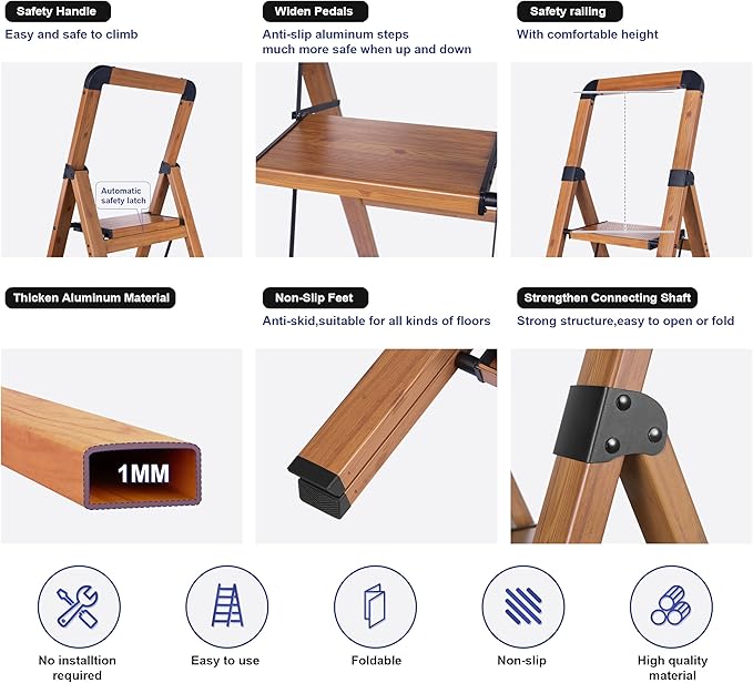 Step Ladders Folding 2-Step Woodgrain Finish Aluminum Foldable Step Stool,Anti-Slip Portable Sturdy for Home & Kitchen Office 330 lbs