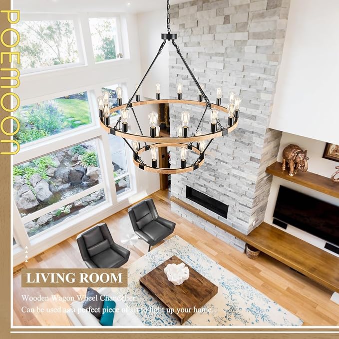 24-Light 2 Tiers Farmhouse Wooden Wagon Wheel Chandelier, 43.3'' Black Metal Round Chandeliers 2-Story Natural Rustic Light Fixtures for High Ceiling Living Dining Room Foyer Villa