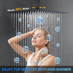 Shower Faucet Set, 12" Ceiling Mount Rainfall Shower System with 2 Rain Shower Head and Multi-function Handheld Head Push Button Diverter Shower Faucet Trim Kit (12", Matte Black)
