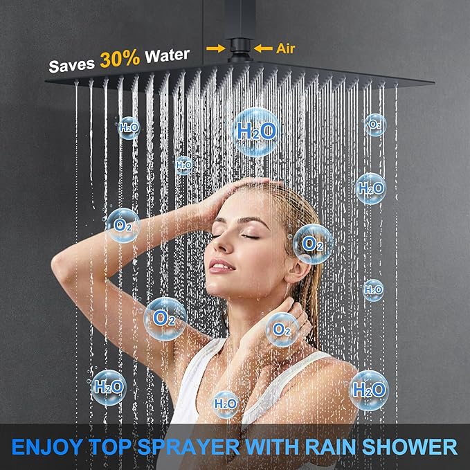 Shower Faucet Set, 12" Ceiling Mount Rainfall Shower System with 2 Rain Shower Head and Multi-function Handheld Head Push Button Diverter Shower Faucet Trim Kit (12", Matte Black)