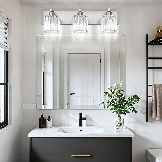 Aipsun Brushed Nickel Vanity Light Bathroom Lighting Fixtures 3 Light Crystal Modern Bathroom Vanity Light (Exclude Bulb)