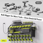 Power Tool Organizer Wall Mount with Charging Station, 8 Drill Holder with 8-Outlet Power Strip, Garage Cordless Drill Storage and Organization, Battery Utility Rack