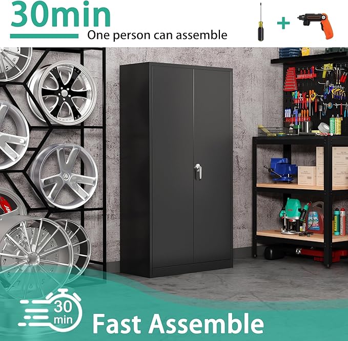 Black Metal Storage Cabinet with Door, Locking Steel Cabinet with 4 Adjuestable Shelves, Tall Lockable Garage Tool Storage Cabinet for Home, Office, Pantry, Assembly Required