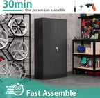 Black Metal Storage Cabinet with Door, Locking Steel Cabinet with 4 Adjuestable Shelves, Tall Lockable Garage Tool Storage Cabinet for Home, Office, Pantry, Assembly Required