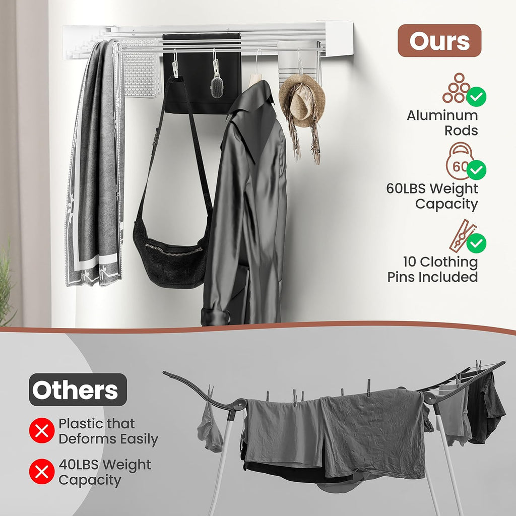 Foldable Wall-Mounted Drying Rack, Heavy-Duty 60 lb Capacity – Space-Saving Folding Laundry Hanger with 10 Clips, Rust-Proof Aluminium Clothes Dryer for Indoor & Outdoor Use