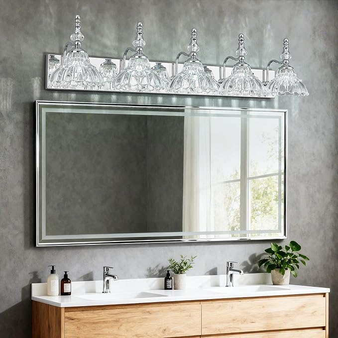 Vintage Bathroom Vanity Light, 5-Light Chrome Vanity Lighting Fixture with Flower Glass Shade, Bathroom Lighting Fixtures Over Mirror