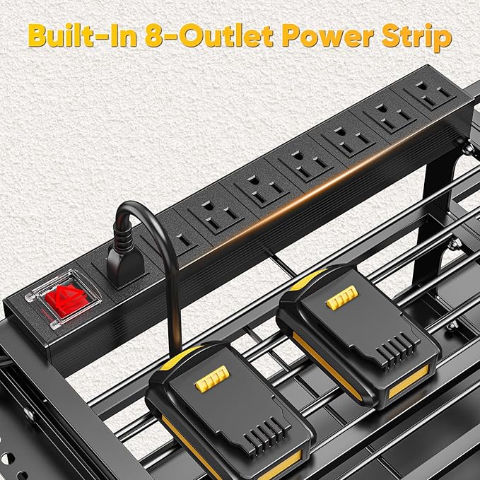49.5" W Large Power Tool Organizer Wall Mount with Charging Station, 4-Tier Heavy Duty12 Cordless Drills Holder Load 600 lb, Tool Battery Storage Rack Built in 8 Outlet Power Strip for Garage