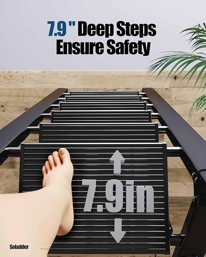 6 Step Ladder for 12 Feet High Ceiling, Folding Step Stool with Handgrip & Anti-Slip Wide Pedal, Portable Lightweight Aluminum Stepladder for Kitchen, Home (300 lbs Capacity) - Black